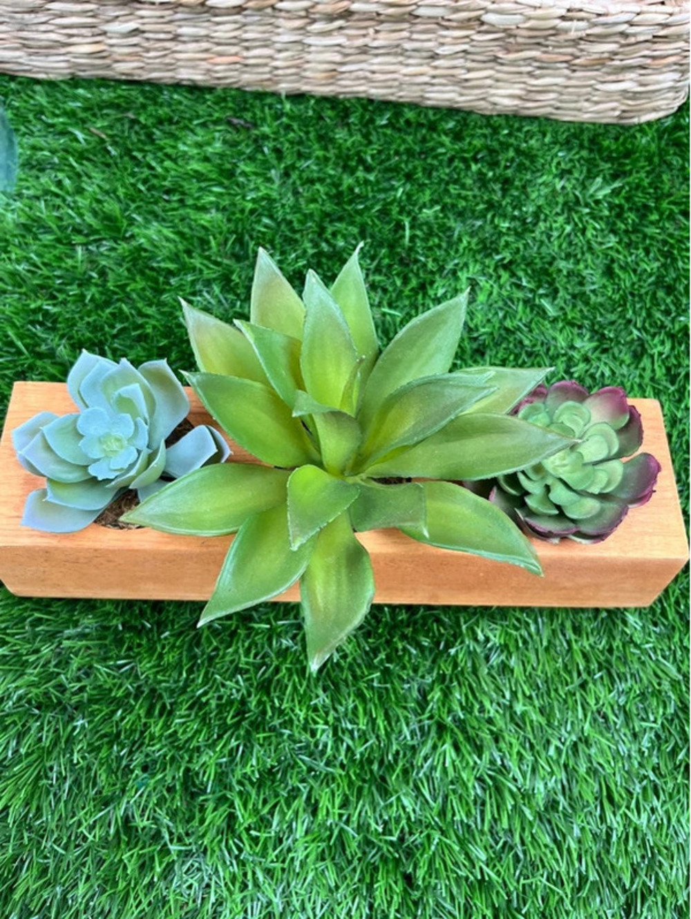 wooden block trio of faux succulents plant decor